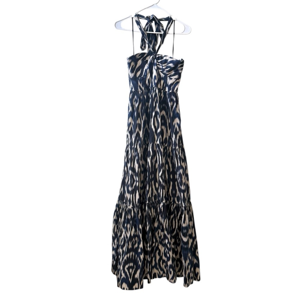 CARA CARA Piana Halter Tiered Maxi Dress in Ikat Navy Sz 4 - Picture 2 of 8